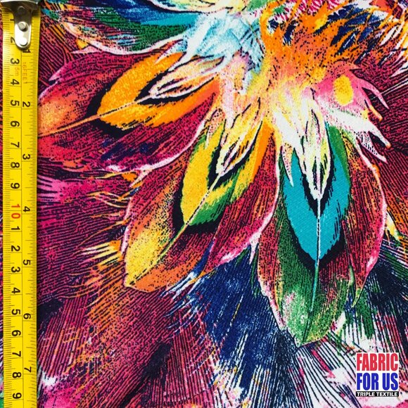 Peacock Feathers Scarlet / Multi-Color Stretch Poly-Spandex Print Fabric 58" Wid - Picture 2 of 3